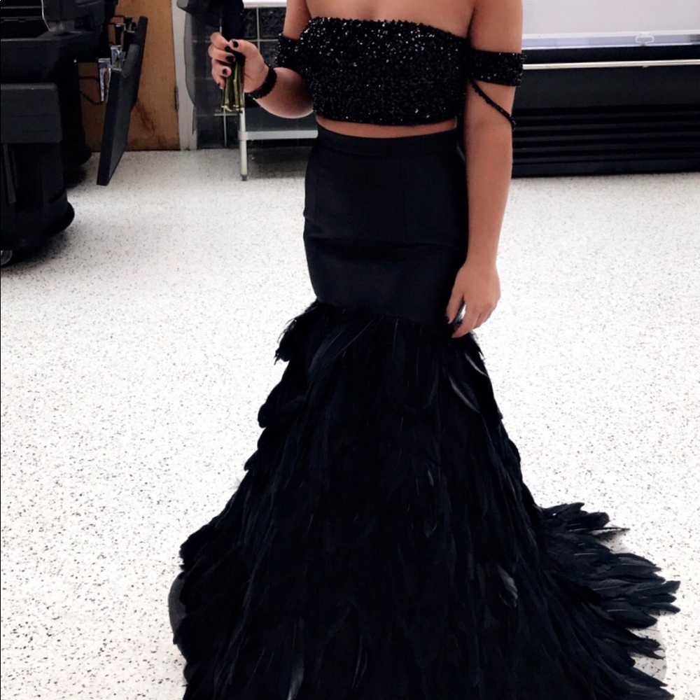 Black rhinestone and feathers prom dress